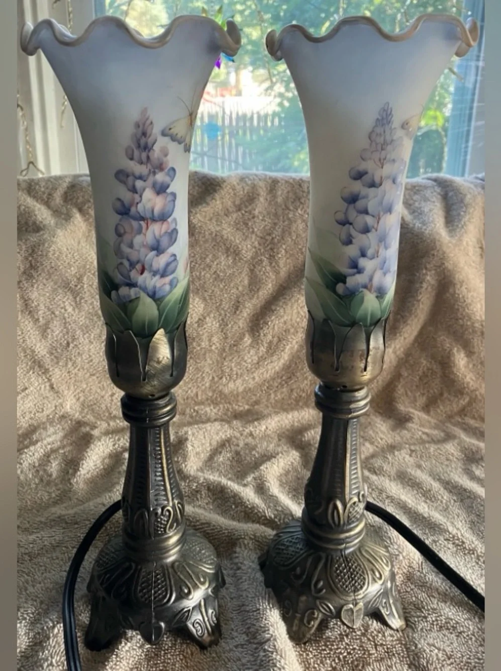 Pair Hand-Painted Vintage Blue Floral Butterfly Frosted Glass Table Lamps